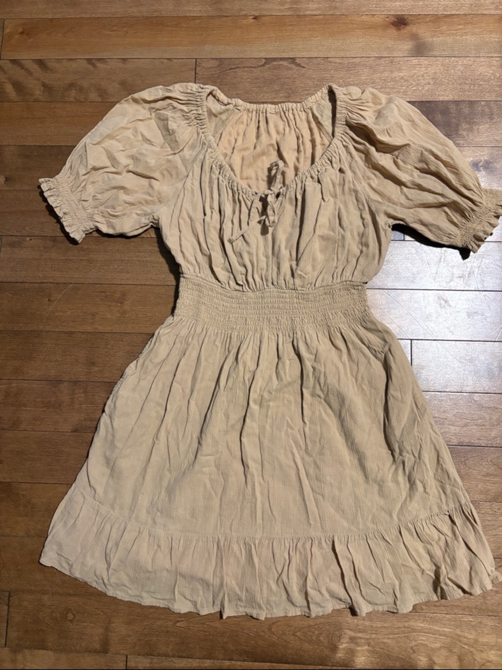 Beige Smocked Waist Puff Sleeve Cotton Dress with Pockets!